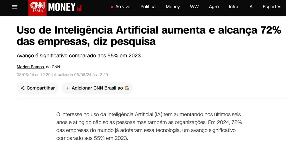 Matéria da CNN Brasil: “Uso de Inteligência Artificial aumenta e alcança 72% das empresas, diz pesquisa”