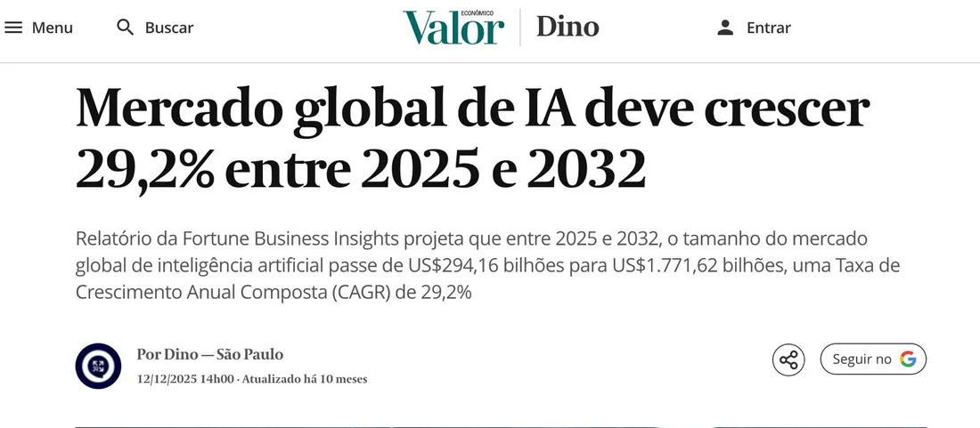 Matéria do Valor Econômico: “Mercado global de IA deve crescer 29,2% entre 2025 e 2032”